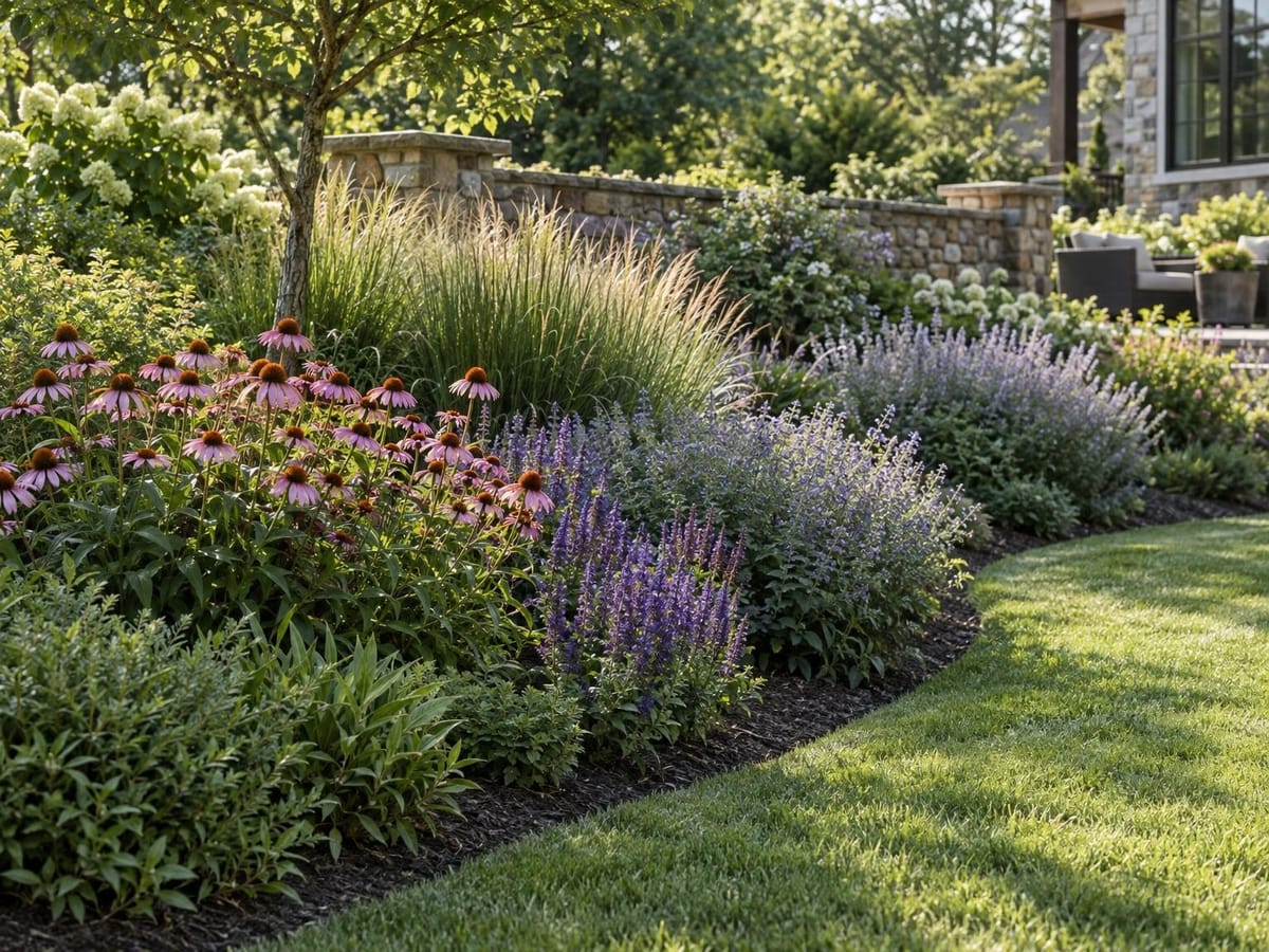 Flowering perennials and ornamental grasses border a curved lawn near a stone wall and patio.