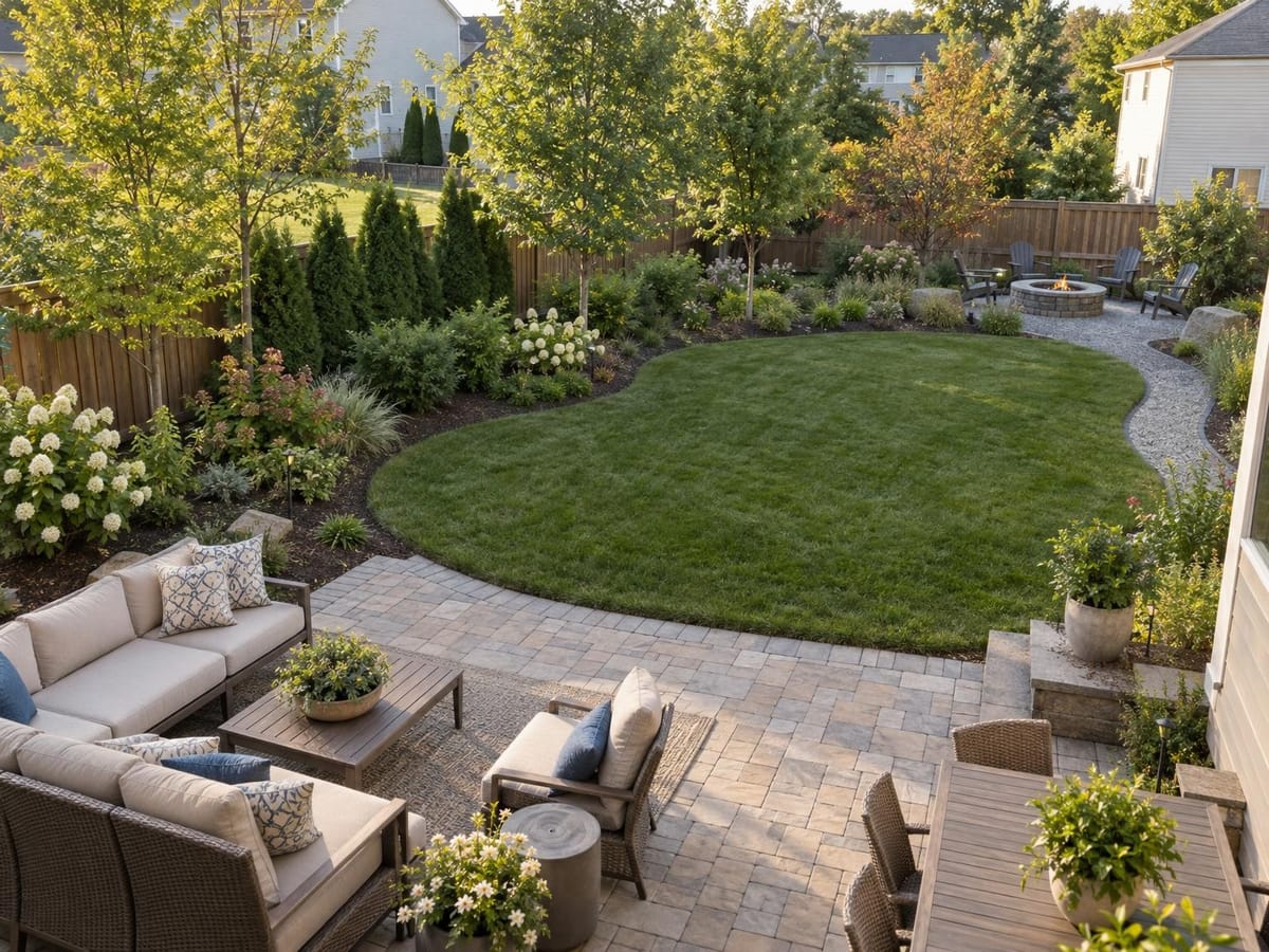 A paved backyard patio overlooks a curved lawn, planted borders and a fire pit seating area.
