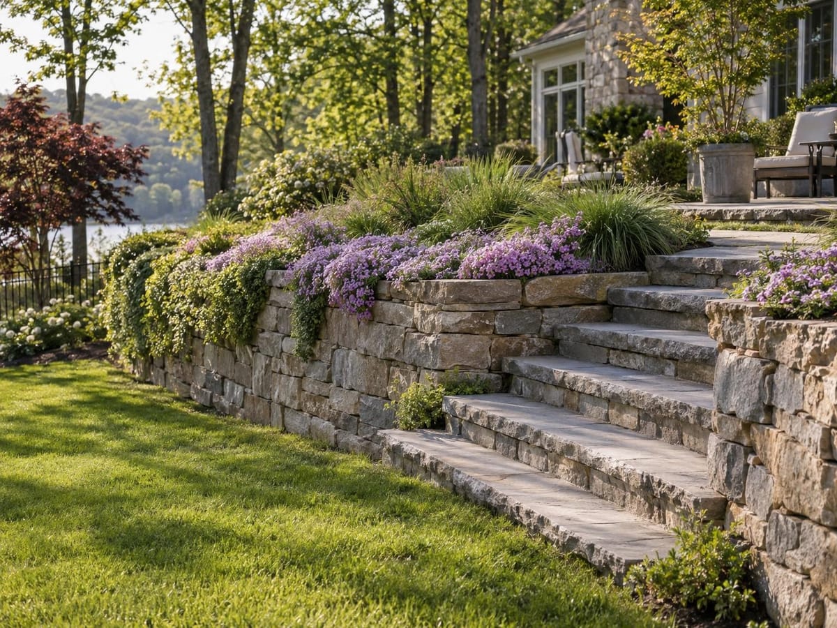 Stone steps climb between planted retaining walls from a lawn to a house patio.