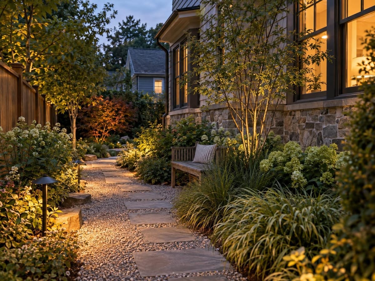 Path lights illuminate a stepping-stone garden walkway beside a house at dusk.