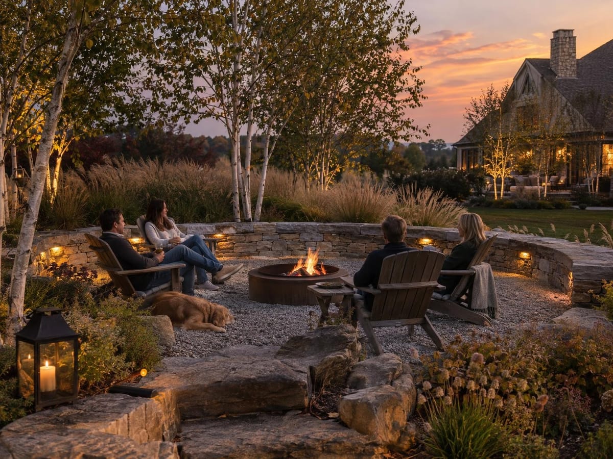 Four people sit around a fire pit with a dog nearby in a stone-walled garden at sunset.