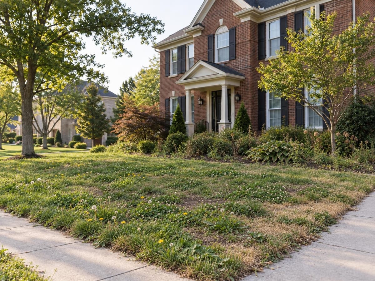 Front lawn before the program with bare spots, dandelions and a ragged sidewalk edge