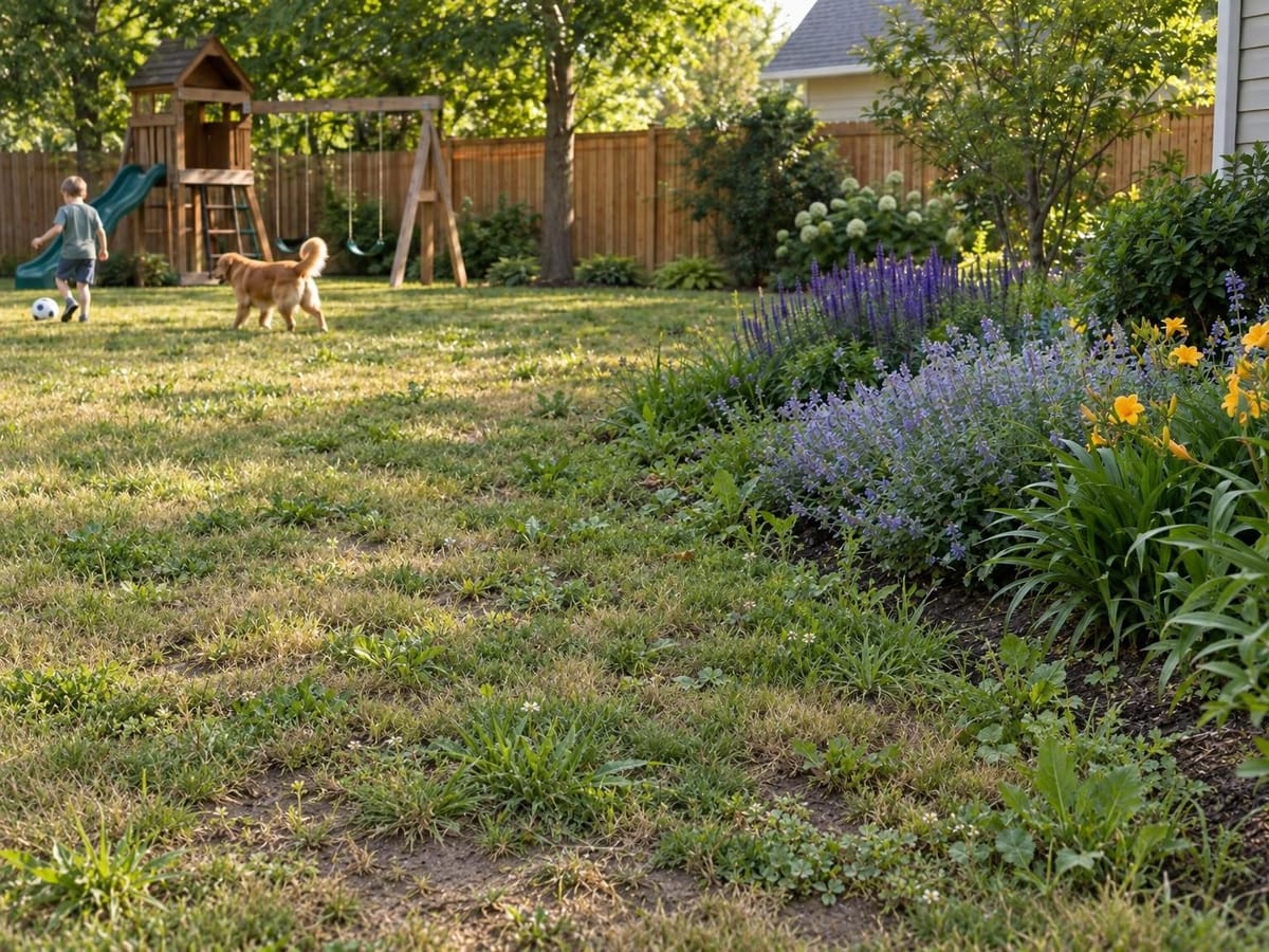 Backyard before the program with thin yellow grass, bare patches and weeds in the border