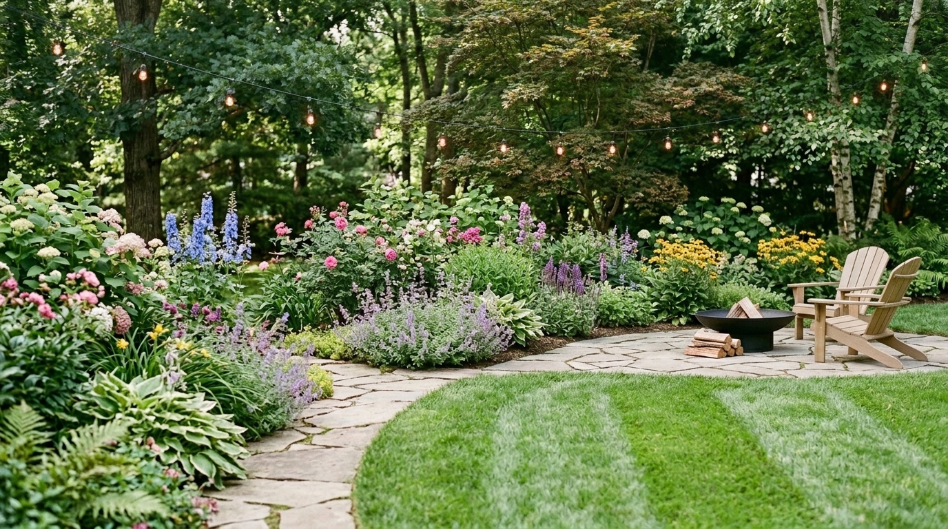 Finished backyard lawn with dining patio and layered plantings