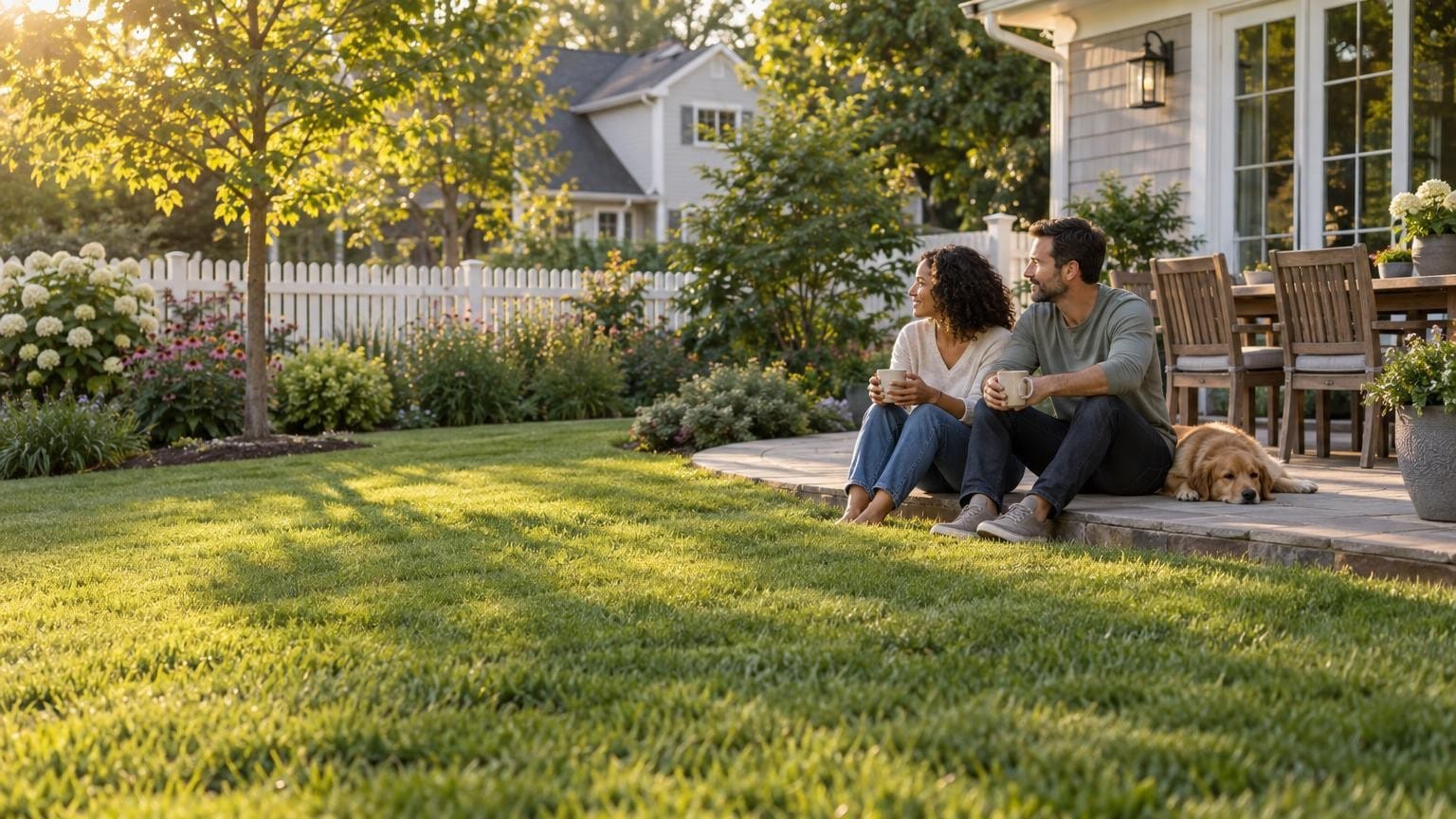 Couple with coffee at the edge of a flagstone patio above an even backyard lawn at golden hour
