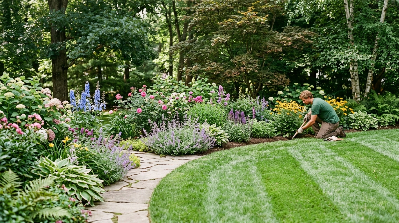 Layered green lawn with planted borders and a quiet backyard path