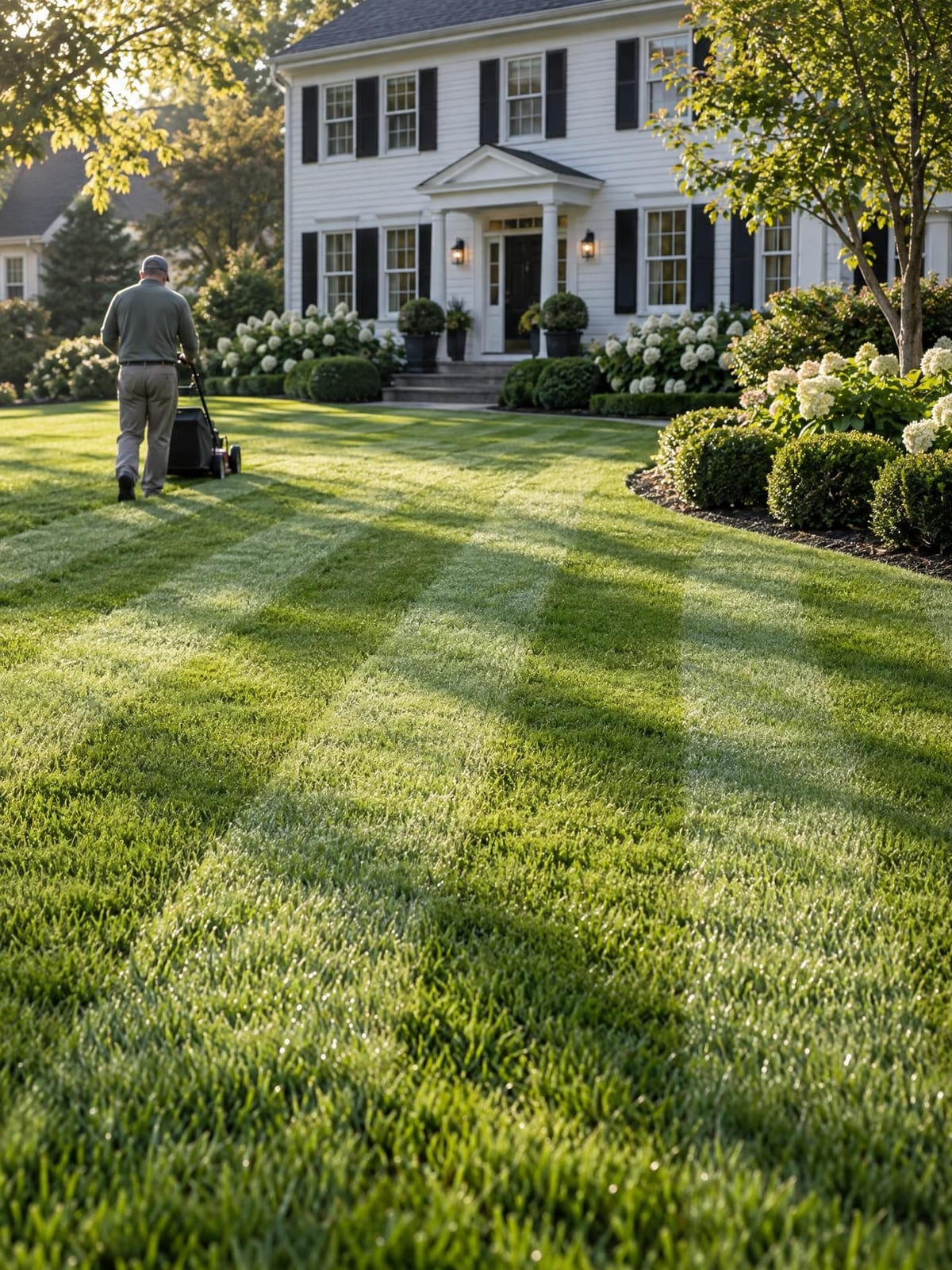 Deep front lawn with fresh diagonal mowing stripes and an edged hydrangea border in front of a white colonial home