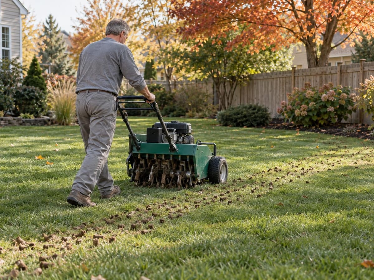 Core aerator on a backyard lawn in early fall with rows of soil plugs behind it