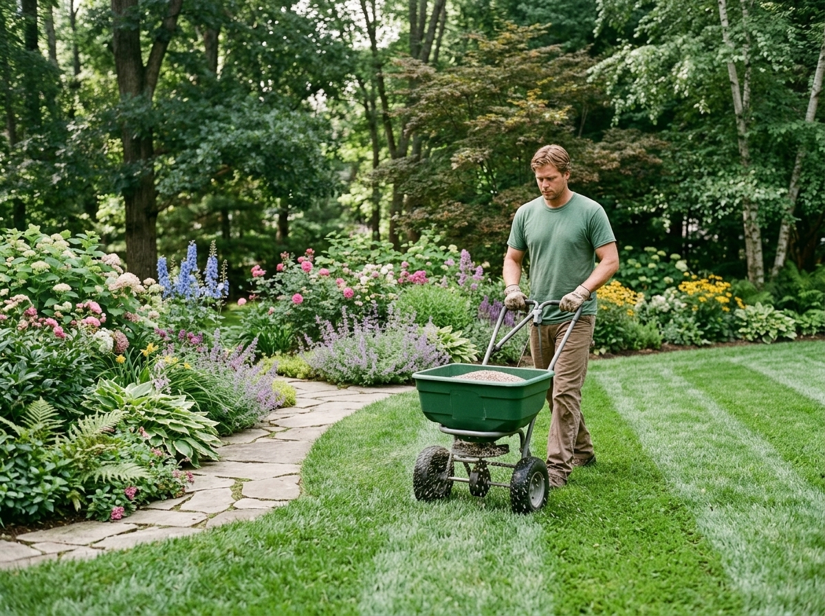 Healthy green turf receiving lawn treatment near a garden edge