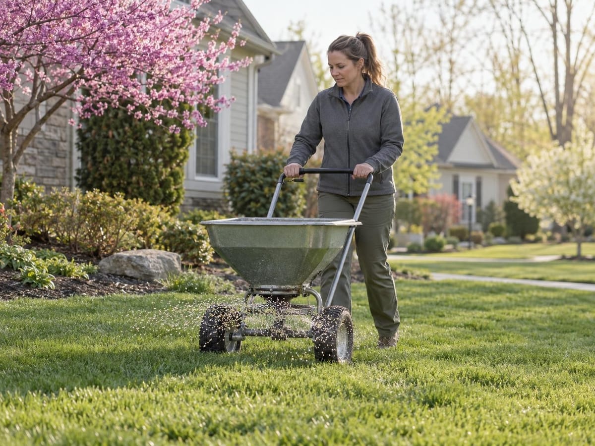 Technician pushing a broadcast spreader across a spring lawn with granules scattering