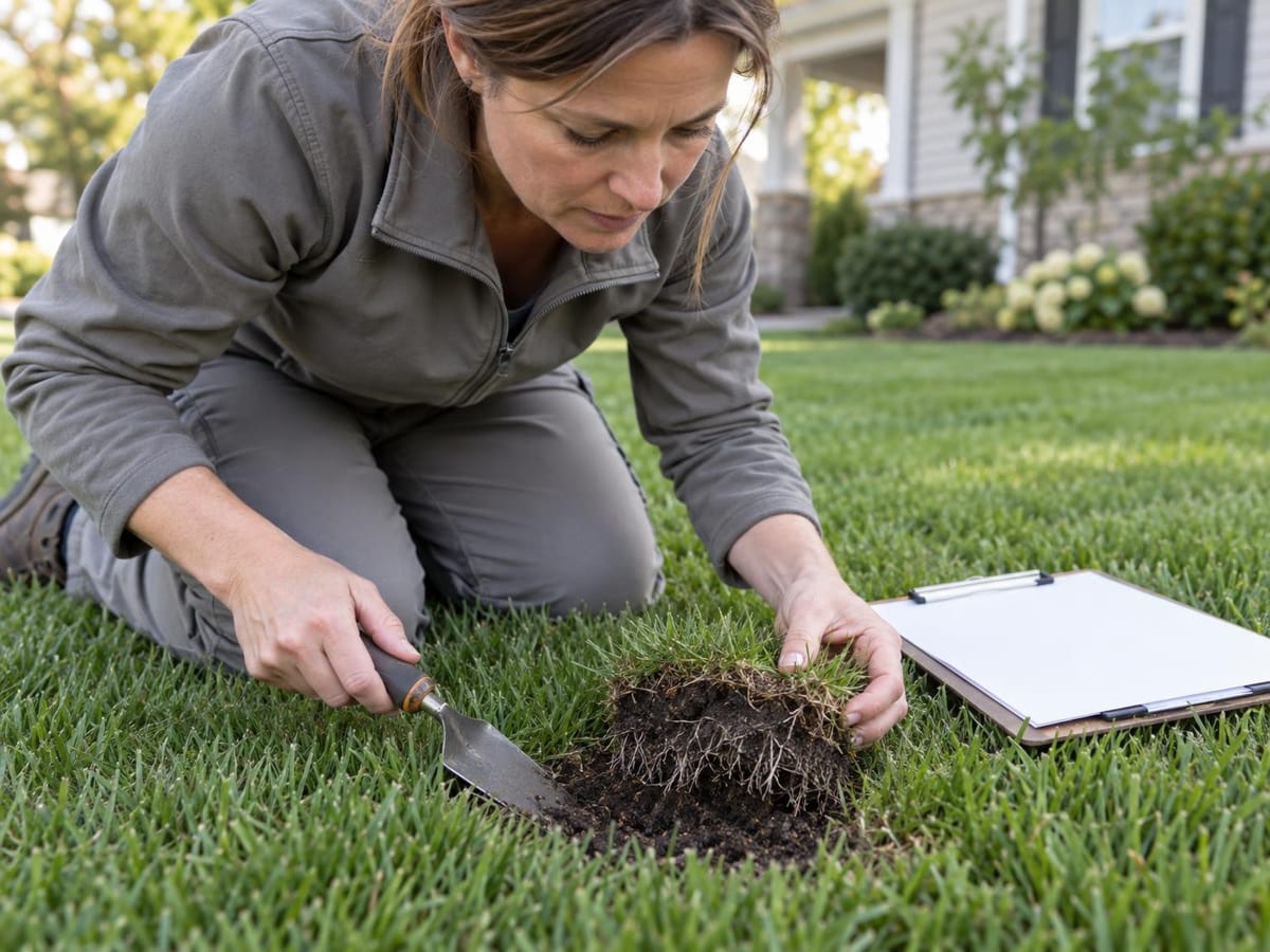 Technician kneeling to lift a small flap of turf and inspect the roots and soil beneath
