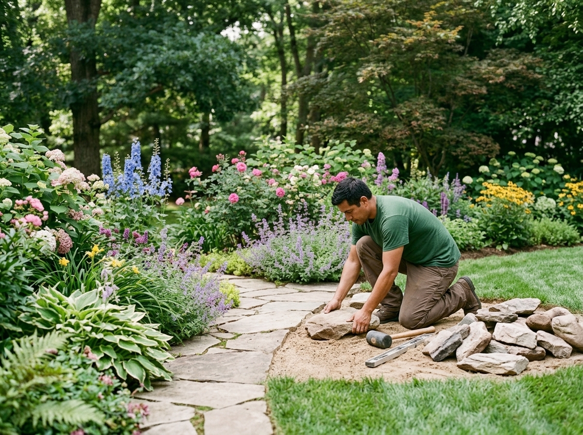 Stone patio bordered by soft planting and trimmed grass