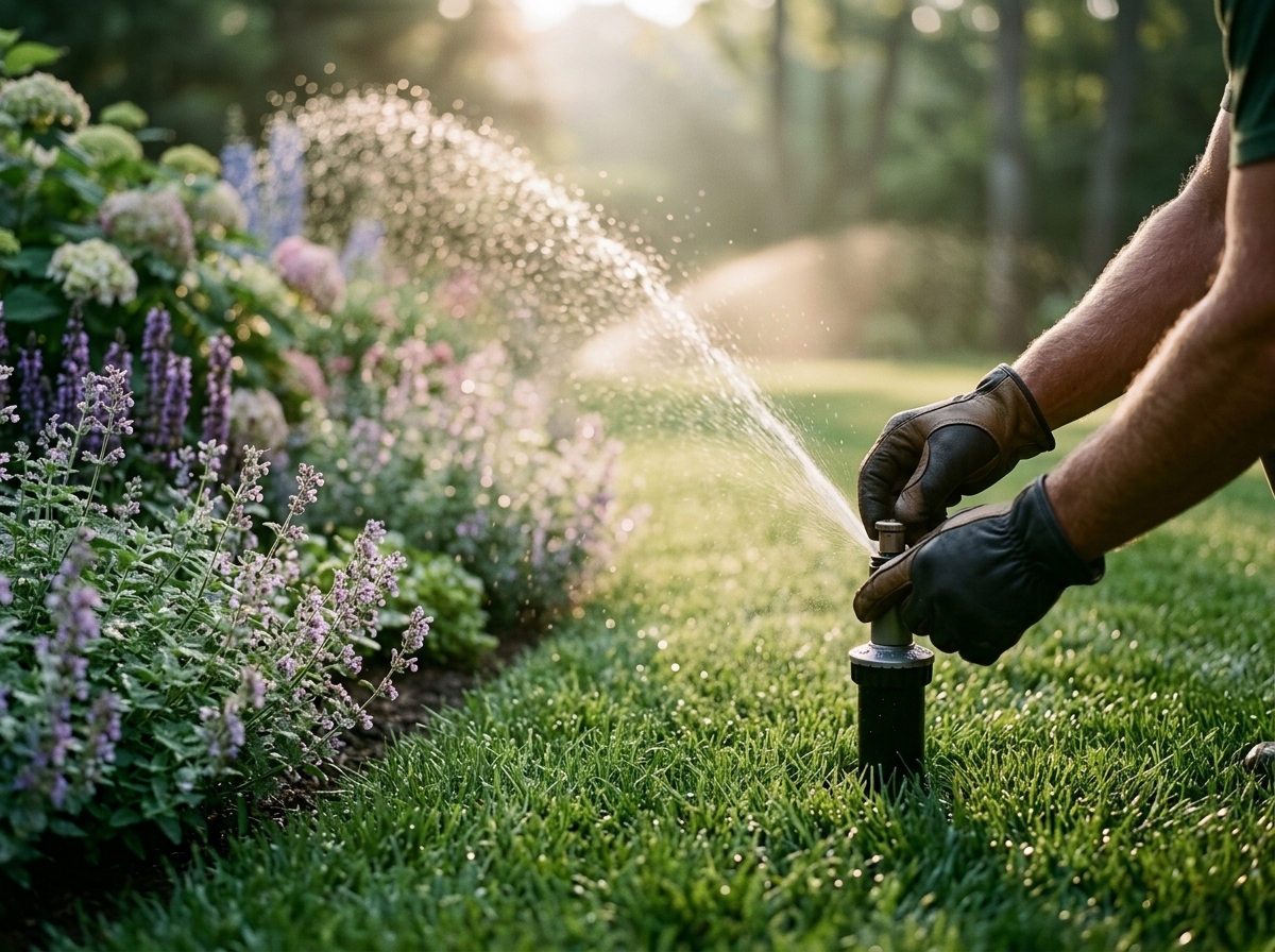 Sprinkler mist watering a bright lawn at the edge of planting beds
