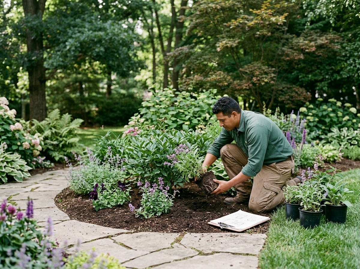 New planting layout with shrubs, flowers, and defined garden curves