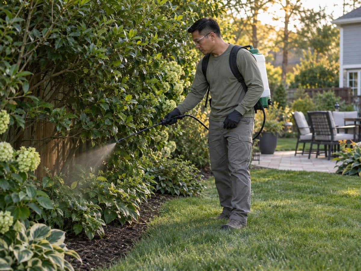 Technician misting the shaded underside of dense shrubs along a backyard fence line