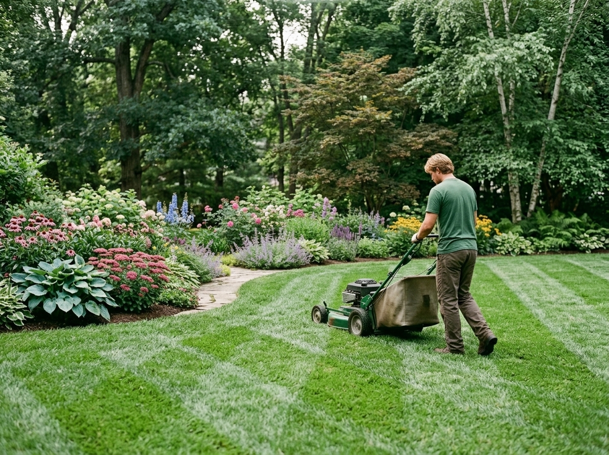 Lawn mower lines and a cleanly edged walkway