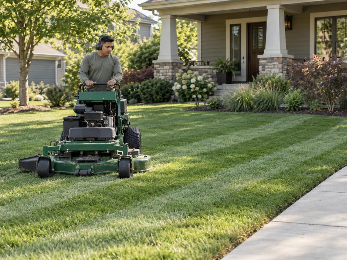 Crew member guiding a stand-on mower across a front lawn and leaving clean stripes