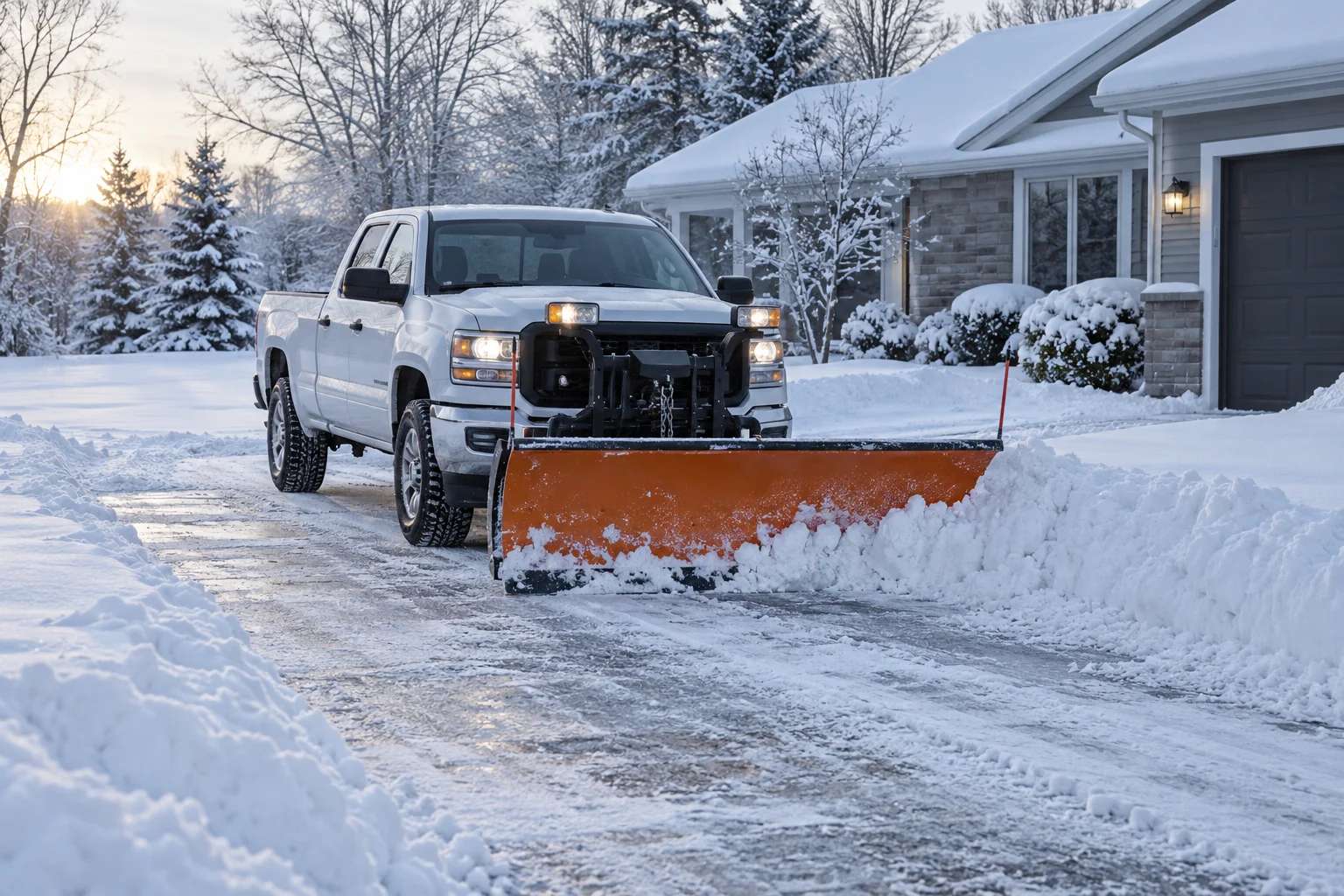 Unbranded pickup truck plowing a snow-covered residential driveway