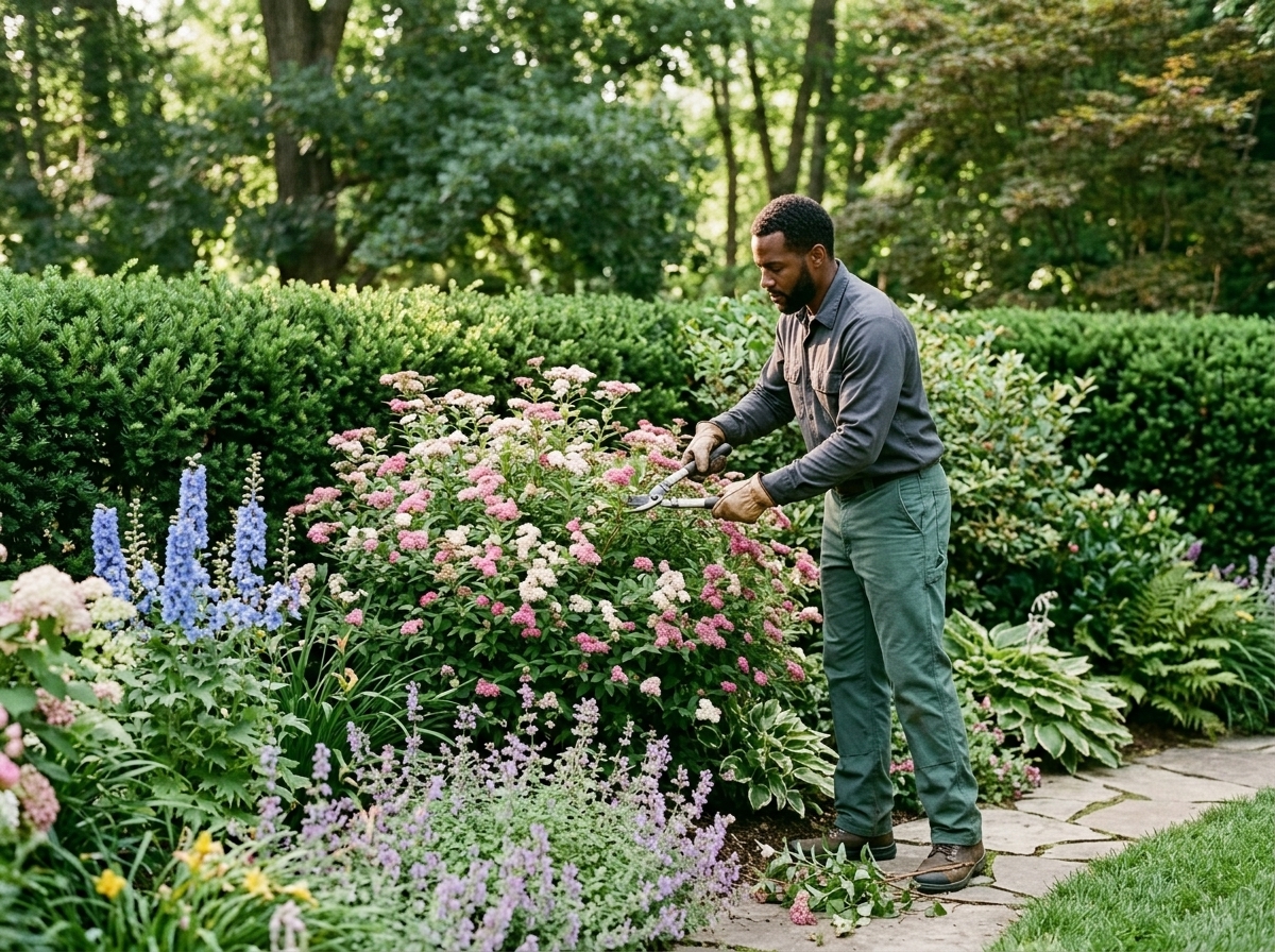 Trimmed shrubs and young trees framing a tidy lawn