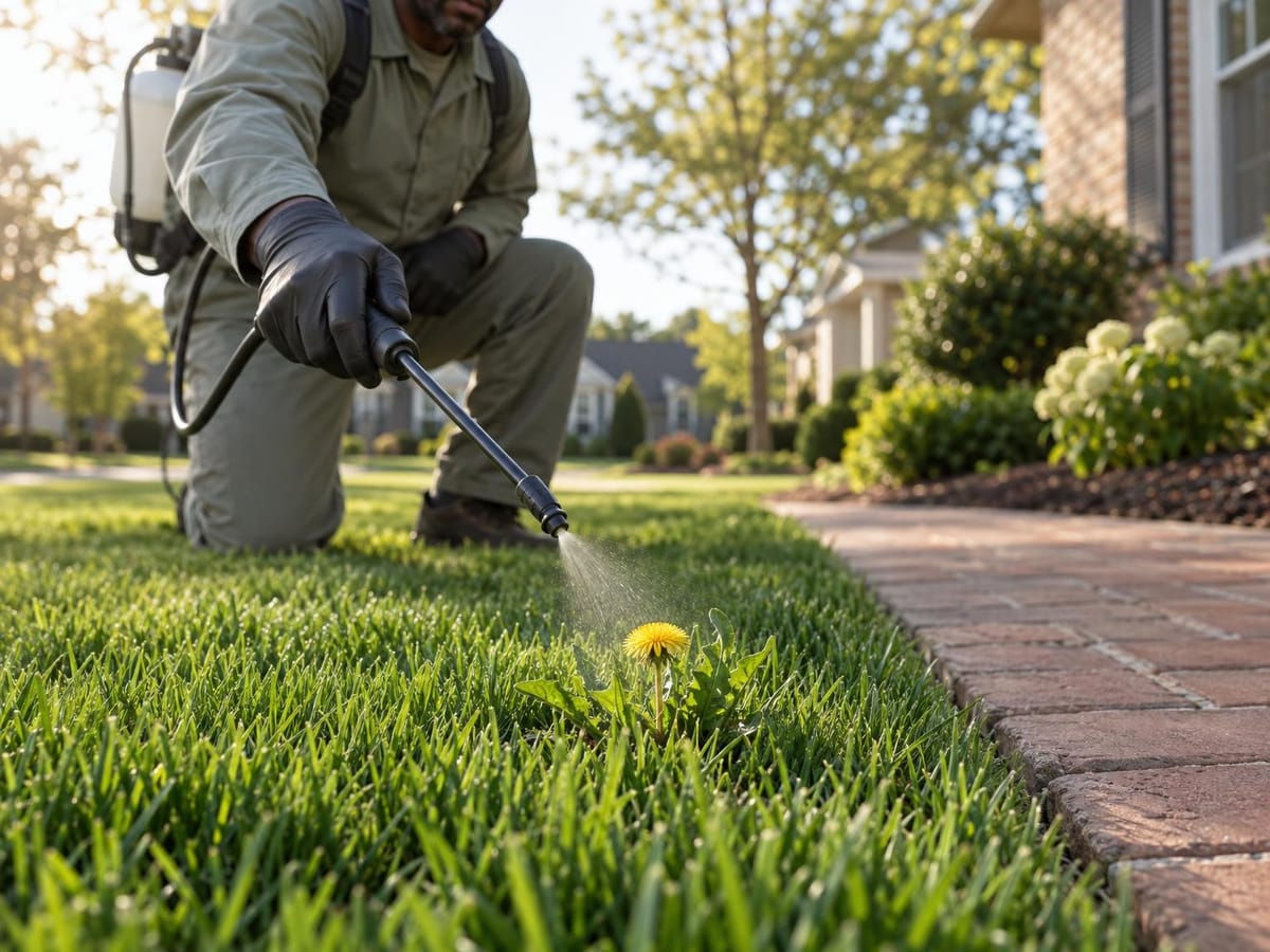 Gloved hand holding a spray wand above a single dandelion in a healthy lawn beside a brick walk