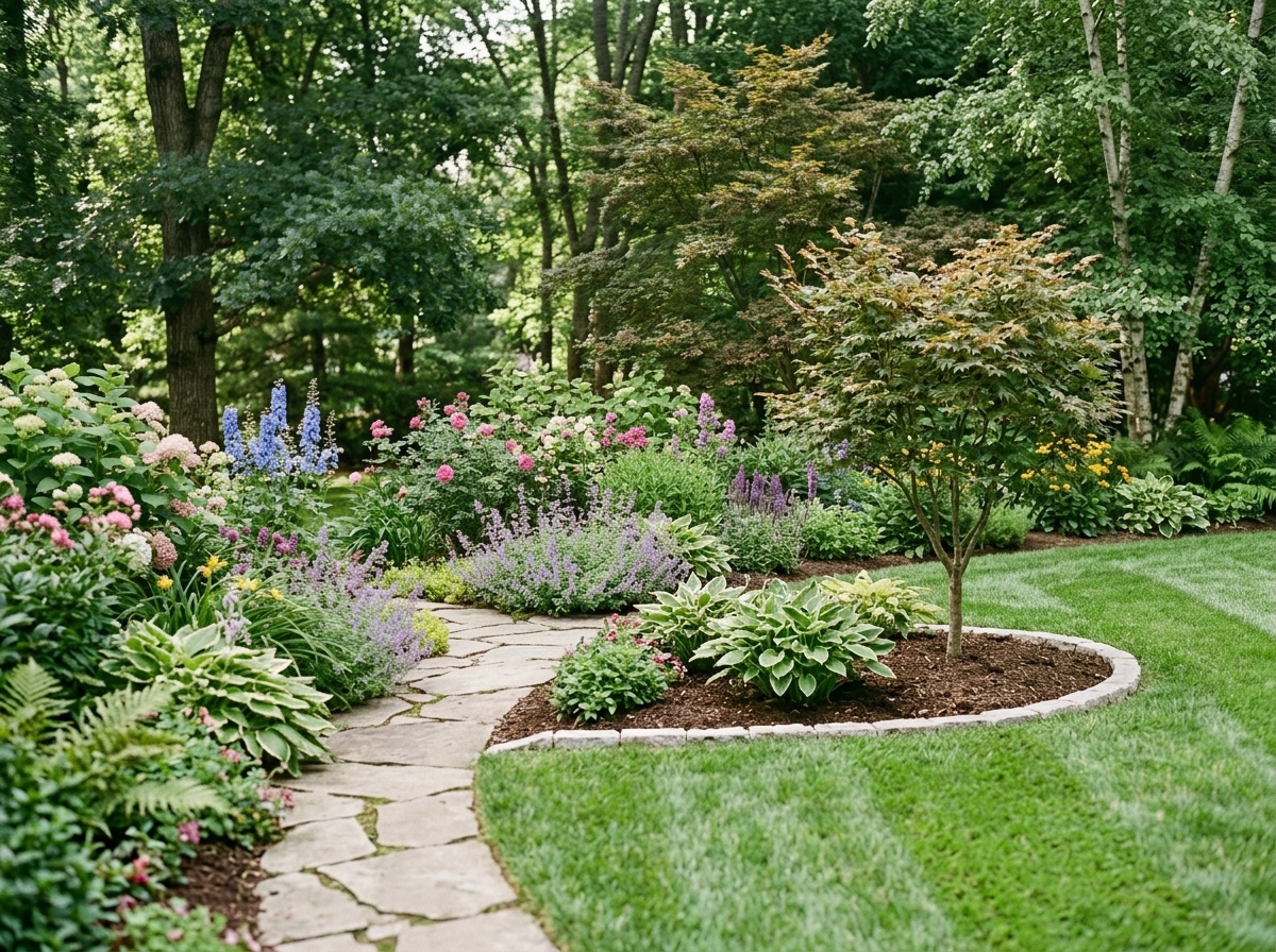 Freshly edged lawn beside sculpted planting beds