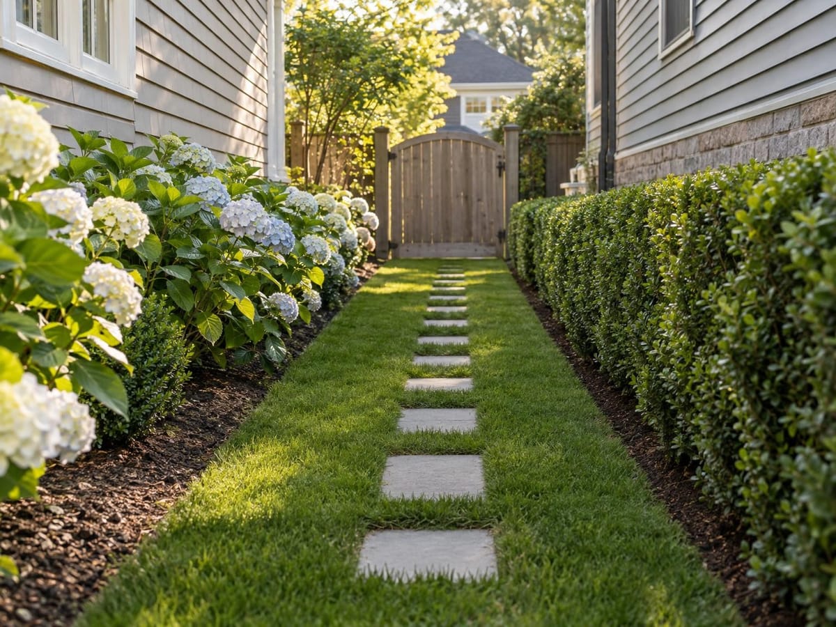 Stepping stones cross a narrow lawn between flowering shrubs and a clipped hedge toward a wooden gate.