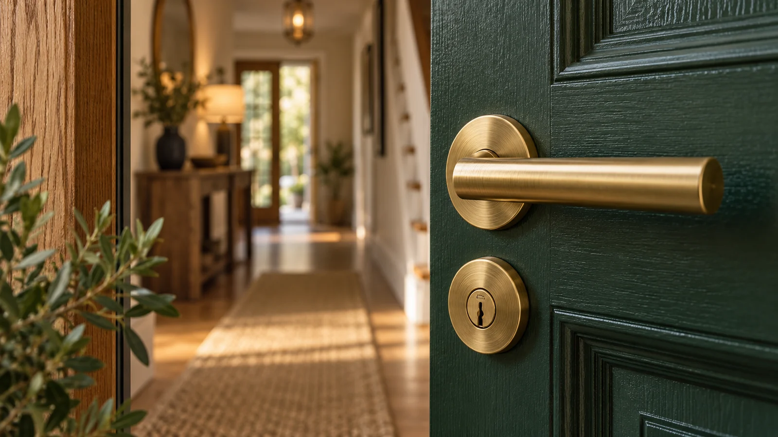 Brass lock and handle on a dark green entrance door beside a precision tool roll