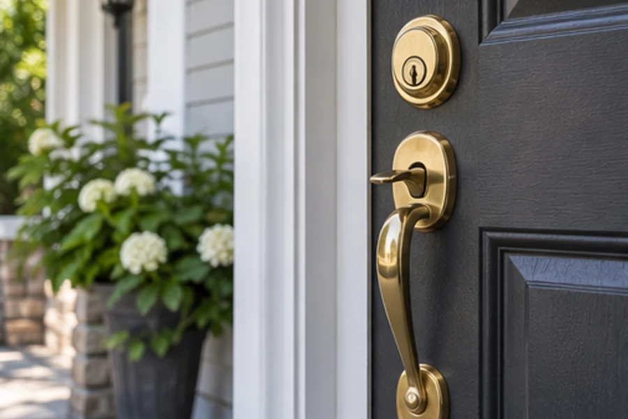 A brass handle and deadbolt sit on a dark front door beside white trim and flowering plants.