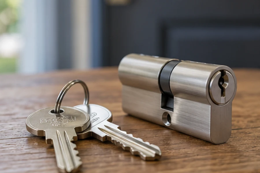 A metal lock cylinder and two keys rest on a wooden surface.