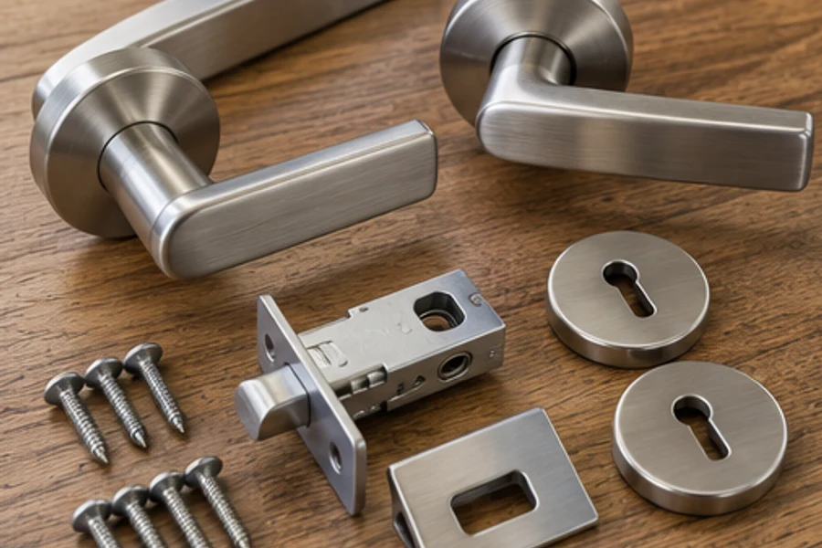 Metal door handles, a latch, keyhole plates and screws lie on a wooden surface.