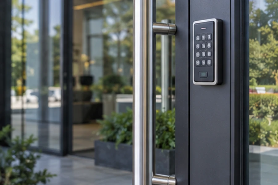 A numeric access keypad is mounted beside a metal pull handle on a glass entrance door.