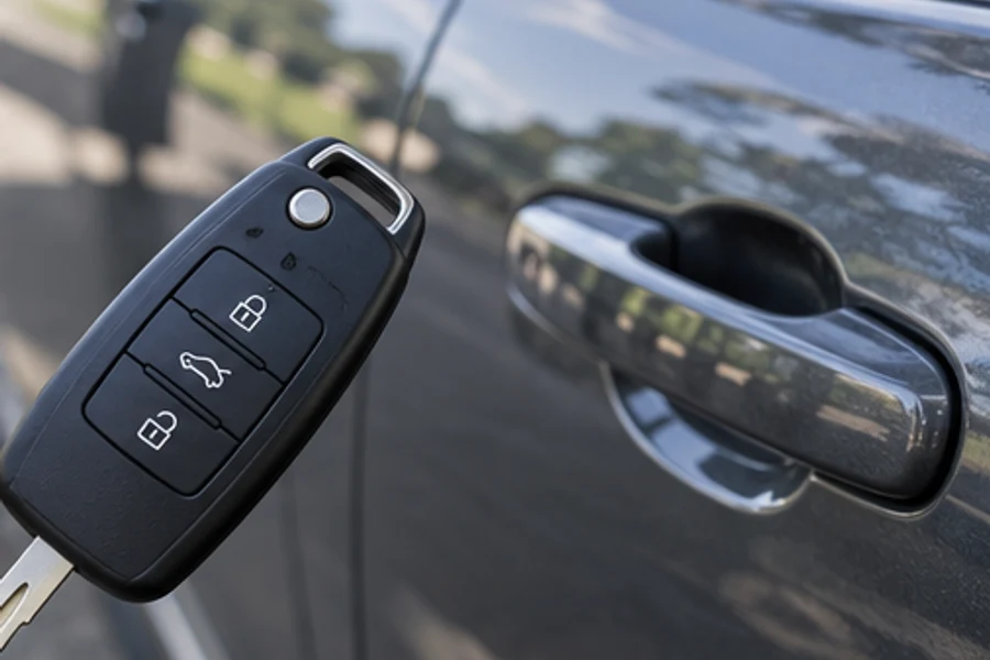A black car key fob is shown beside the exterior handle of a gray car door.