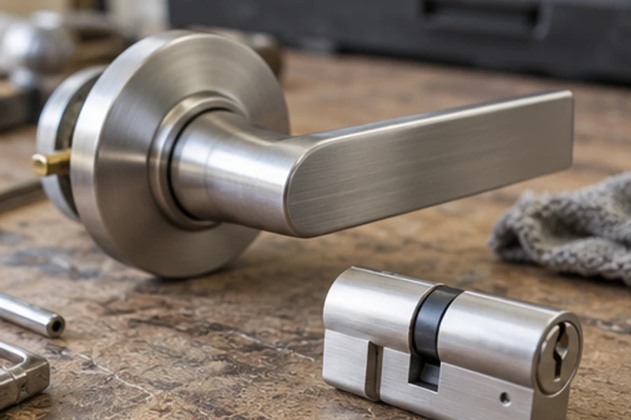 A brushed metal door handle and lock cylinder lie on a workbench beside tools and a cloth.