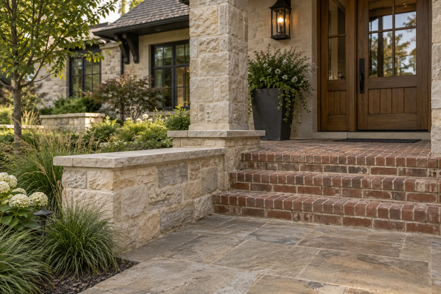 Brick steps lead to wooden front doors beside stone columns, a low stone wall and planted beds.