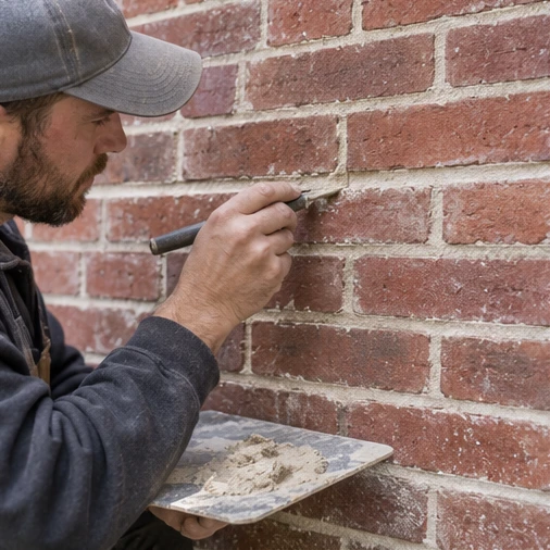 A worker applies mortar to the joints of a red brick wall with a small trowel.