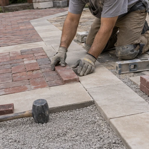 A kneeling worker places a brick paver beside pale border stones, a level and a rubber mallet.