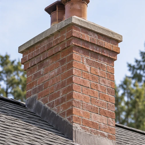 A brick chimney with clay pots and metal flashing rises above a shingled roof.