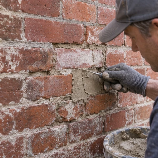 A worker uses a small trowel to apply mortar to a damaged area of a red brick wall.