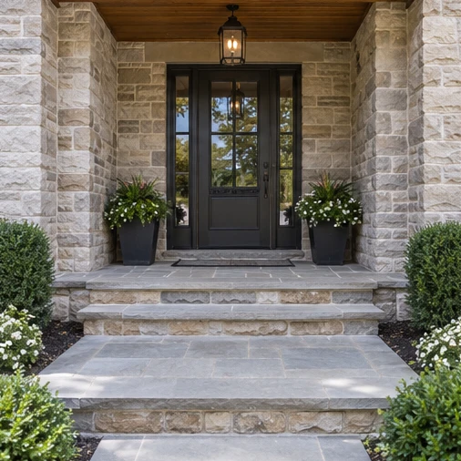 Stone steps lead to a dark front door flanked by planters beneath a hanging porch light.