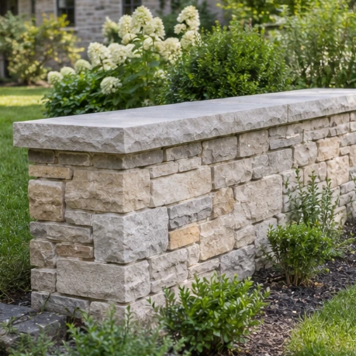 A low stone wall with a flat cap borders a garden of shrubs and white flowers.