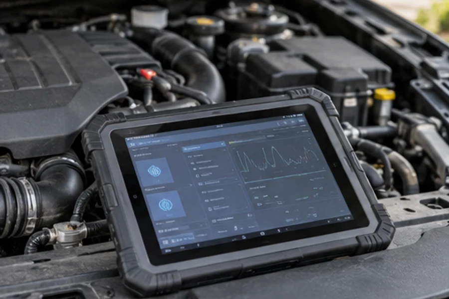 A rugged diagnostic tablet displaying graphs rests in a car's open engine bay.
