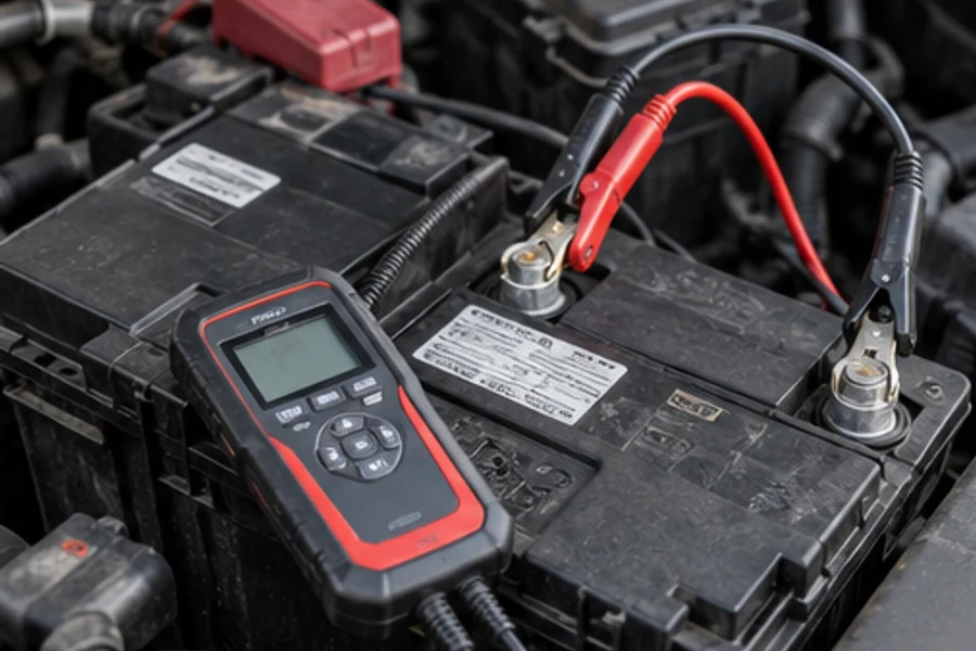 A handheld battery tester is connected to a car battery with red and black clamps.