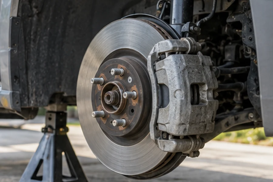 An exposed brake rotor and caliper sit inside a vehicle wheel well above a jack stand.