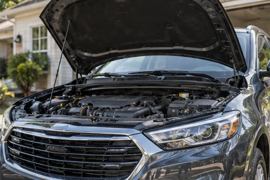 A gray vehicle sits outside a house with its hood raised and engine compartment exposed.
