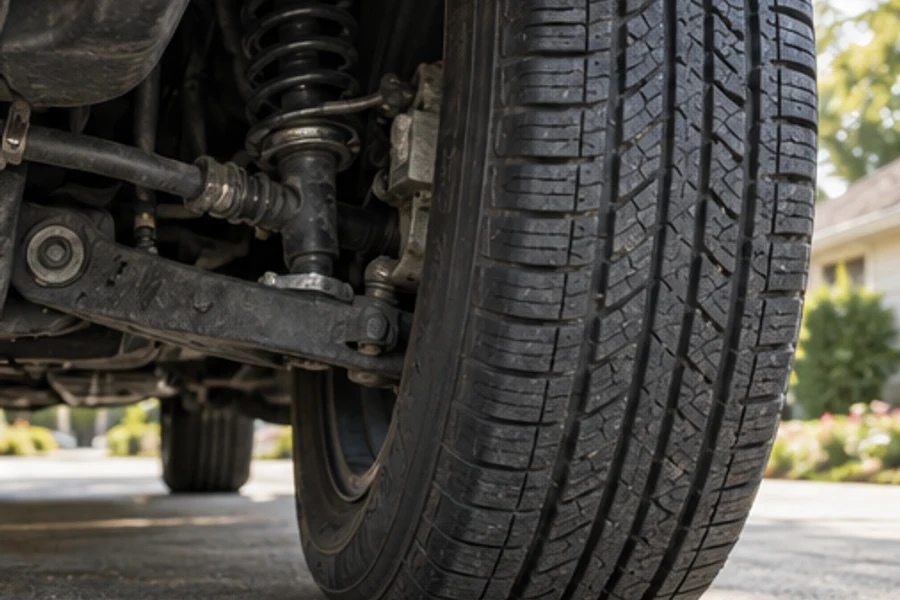 A close view beneath a vehicle shows tire tread, a coil spring and suspension components.