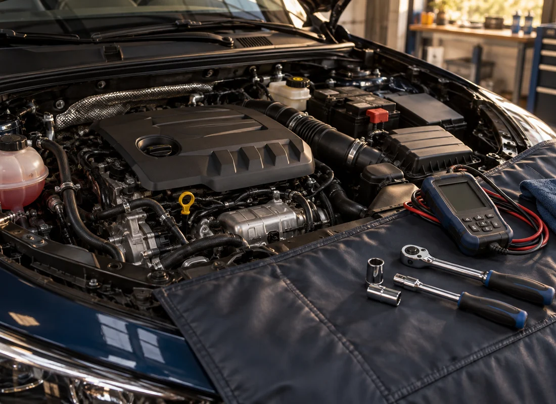 An open car engine bay has a diagnostic device and socket tools resting on a protective fender cover.