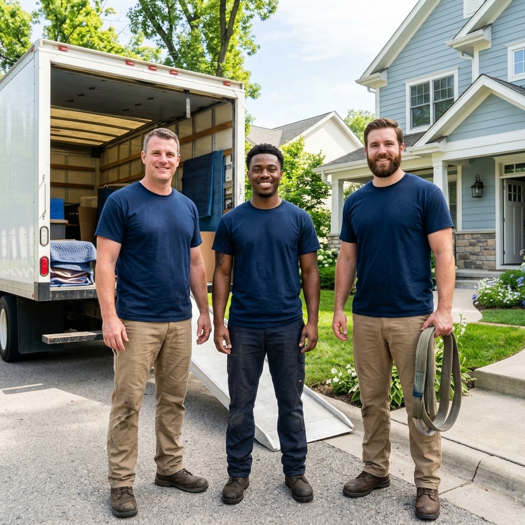 Moving crew reviewing a room-by-room moving plan beside stacked boxes