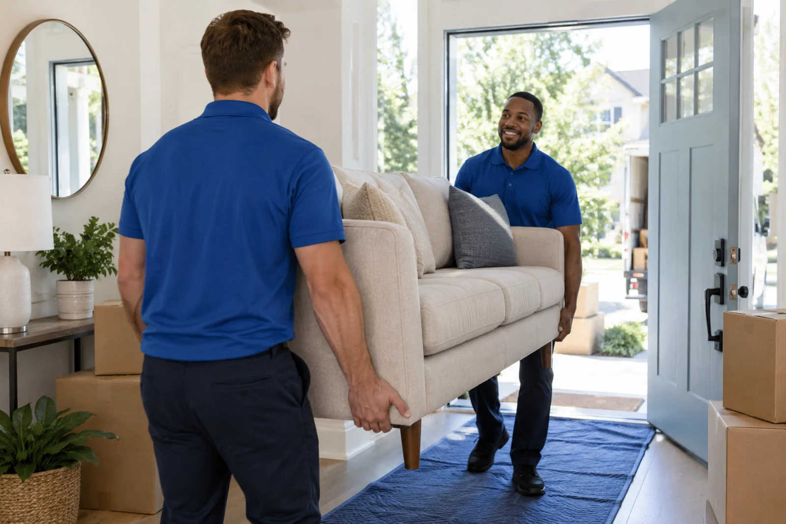 Two movers carefully carrying a sofa into a bright home