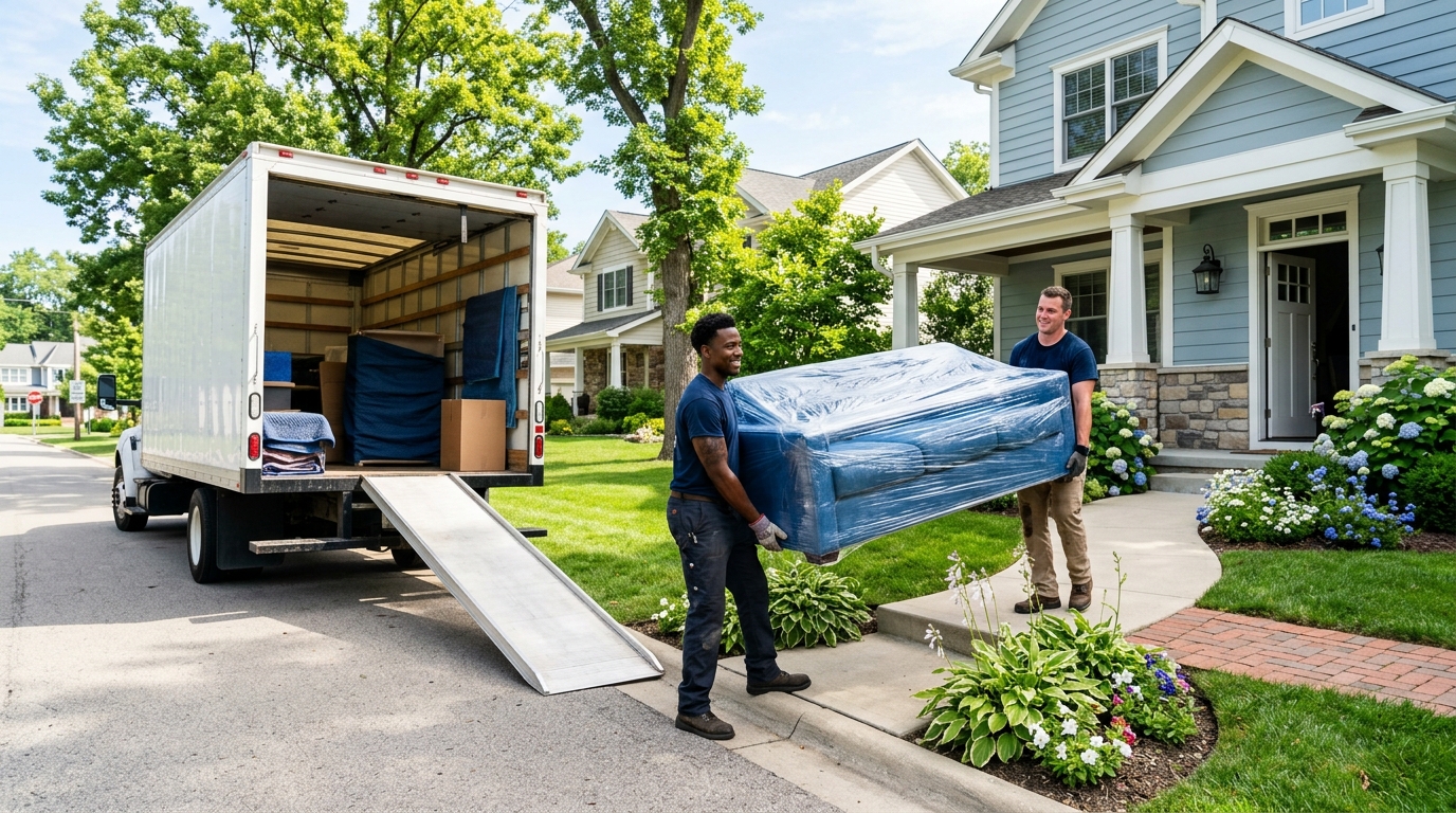 Moving crew loading a truck outside a home on moving day