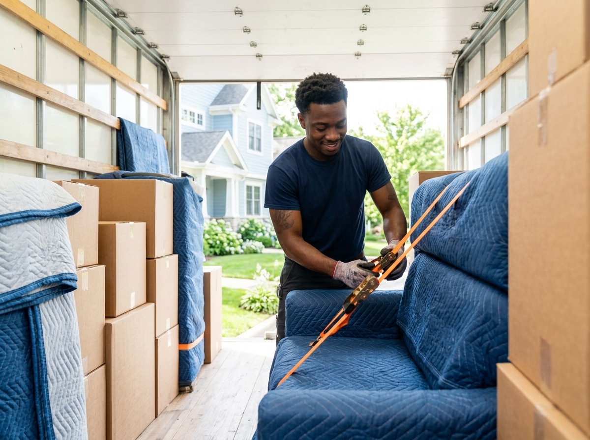 Crew loading boxes and furniture into a clean moving truck